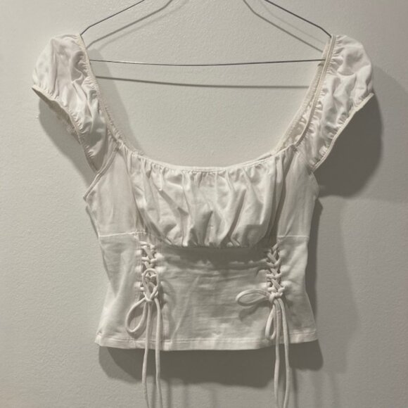 Princess Polly White Ruched Crop Top T-Shirt with Lace Up Detail - Picture 4 of 5